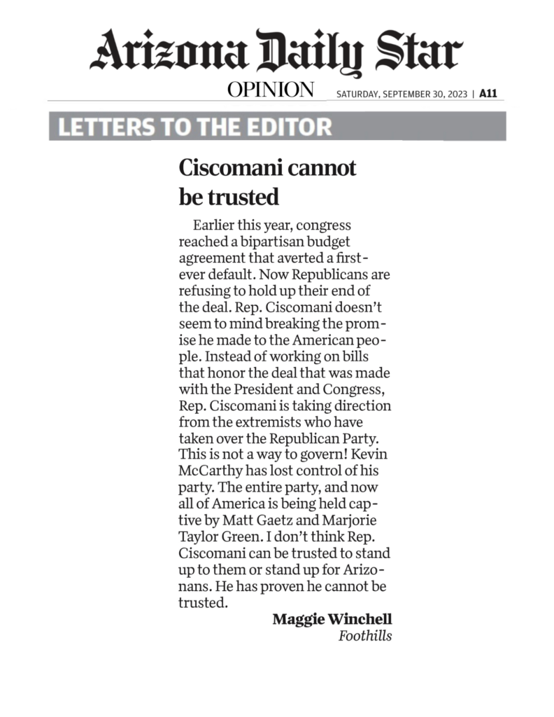 Ciscomani cannot be trusted by Maggie Winchell